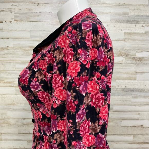 Laura Ashley Vintage Floral Corduroy Dress Womens Size 10 Pink Black Velvet Trim - Picture 7 of 16